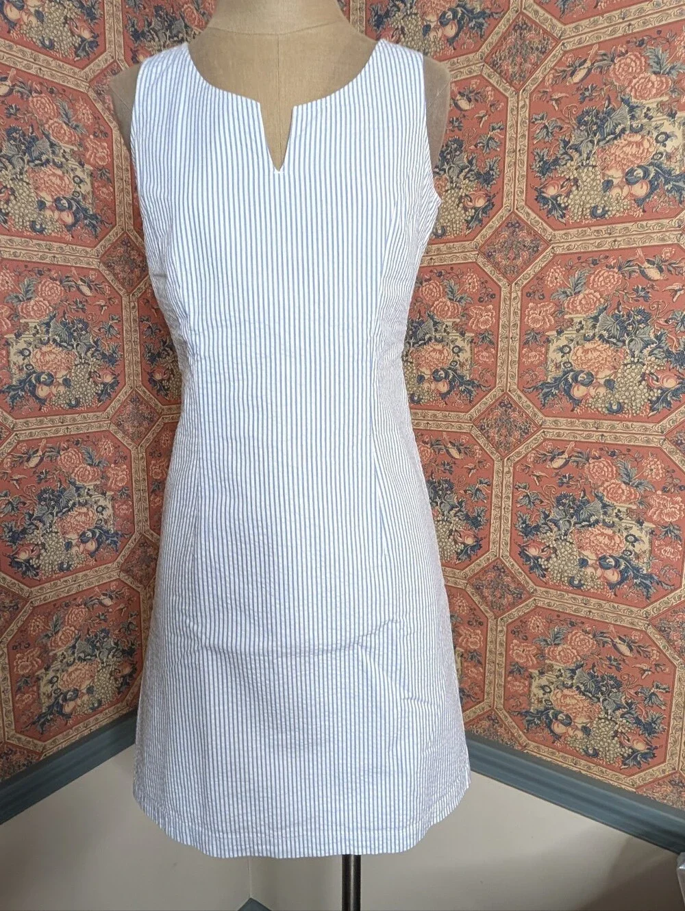 L.L. Bean Light Blue and White Striped Sleeveless Notch-Neck Mini Dress - Picture 1 of 8